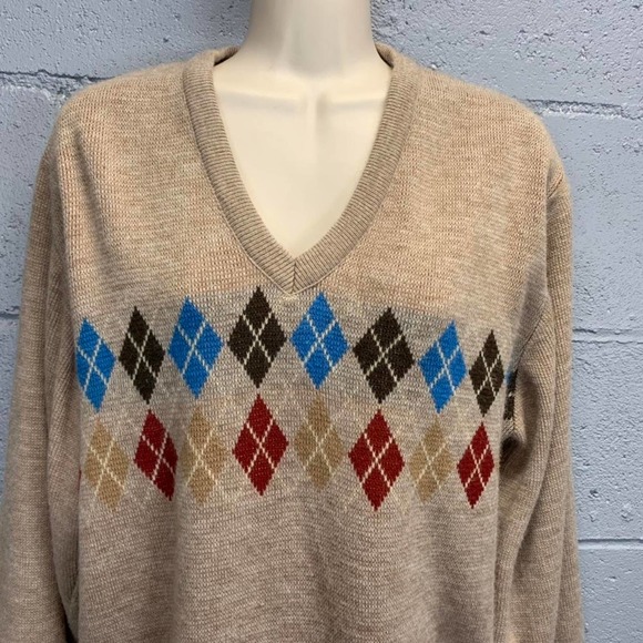 Vintage 1980s Tan Argyle V-neck Sweater Charlie Brown Sweater Medium - Picture 4 of 4